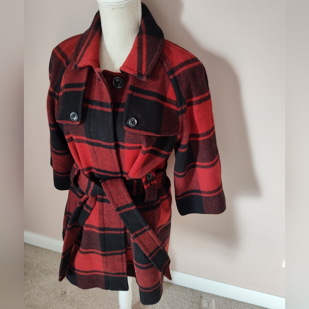 🥰 Vintage Y2K (2008) GAP Buffalo Plaid 3/4 Sleeve Mid Length Wool Pea Coat, SM - Picture 13 of 15